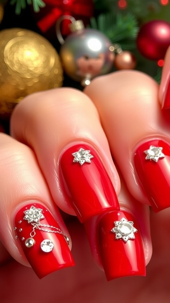 Sparkling Red Christmas Nail Art Close-up of red Christmas nails with rhinestones and glitter on a festive background.